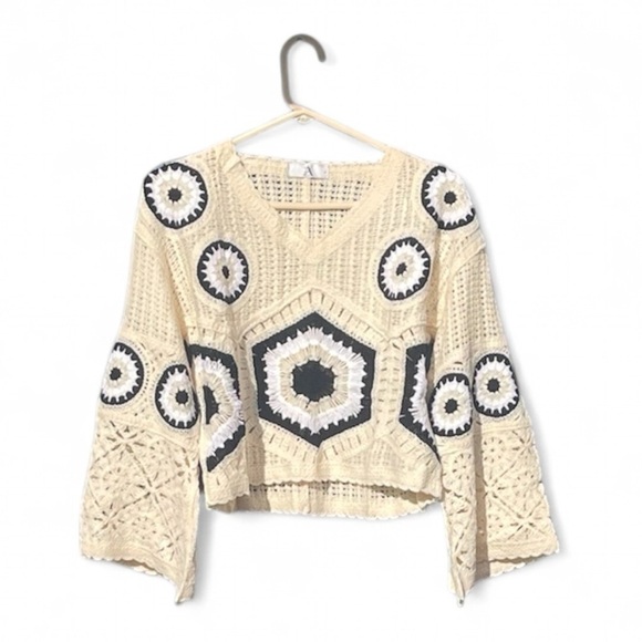 None Tops - Crochet Blouse with belled sleeves Vintage Inspired